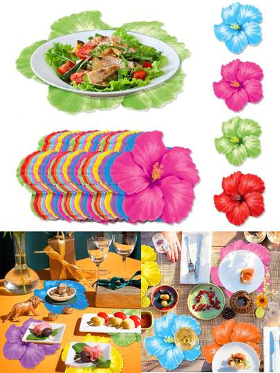 5pcs Colorful Hibiscus Flower Party Napkins & Placemats Set - Tropical Hawaiian Style Petal Shaped Placemats, Vibrant Tropical Colors Suitable For Festivals, Picnics, Beach Gatherings, Hawaiian Parties, Various Party Occasions, Spring Celebrations, Anniversaries, Bridal Shower Centerpiece Decor