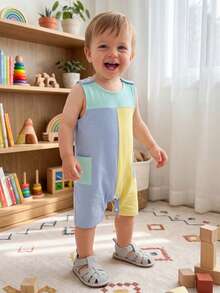 Baby Boys Summer Romper Casual Contrast Colors Sleeveless Jumpsuit For Newborn Toddler Cute Clothes - Blue - View 3