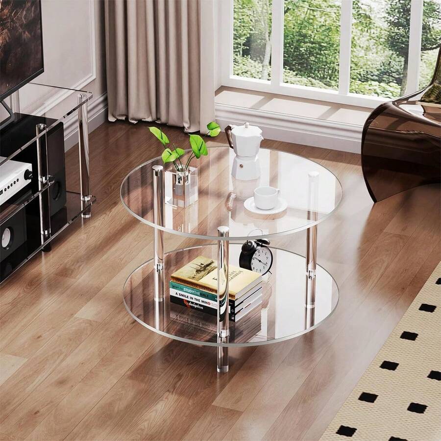 1pc Round Acrylic Table, Double-Layer Round Edge Desk, Lightweight And Detachable, Suitable For Living Room, Office Reception Area And Apartment