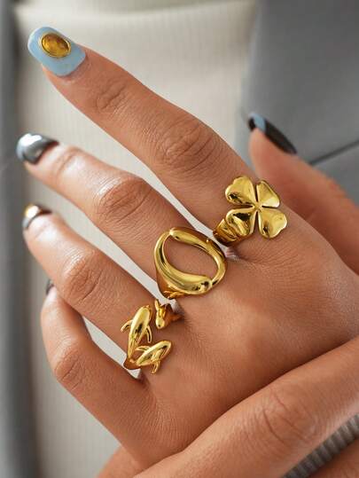 Bộ 3 nhẫn mạ vàng 18K hình cỏ ba lá và cá heo, chất liệu thép không gỉ 304, bề mặt được đánh bóng sáng loáng, trang sức lãng mạn dành cho nữ, phù hợp đeo hàng ngày và dự tiệc, ít gây dị ứng, lý tưởng cho kỳ nghỉ hè, trang sức phong cách phương Tây, nhẫn trượt dành cho nữ, phụ kiện đi biển cho nữ, trang sức dày dặn.