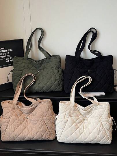 1 pieza, 41cm*13cm*30cm Bolso de hombro de gran capacidad de pana, bolso de mano de moda, patrón de rombos, bolsa de compras elegante, bolso de hombro casual, mochila de estudiante, bolso de viaje, adecuado para campus, trabajo, compras, salidas