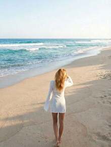 Women's New Hollow Out Sexy Beach Vacation Casual Daily Dress, Flared Sleeve Short Knit Sweater Dress, Spring/Summer/Autumn White - Màu Cam san hô - Xem 12