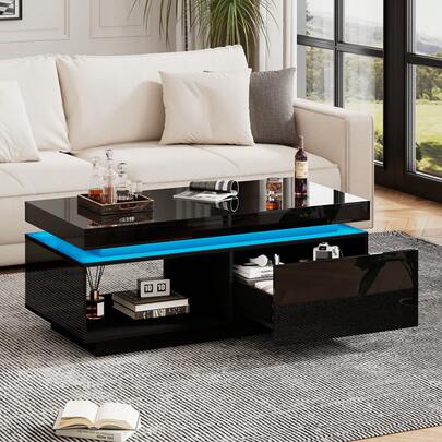 Coffee Table / Modern High-Gloss Coffee Table With LED Lighting / Elegant Table With Drawer And 50 Kg Load Capacity / With Storage Shelf For Living Room, 100x50x40.3 Cm
