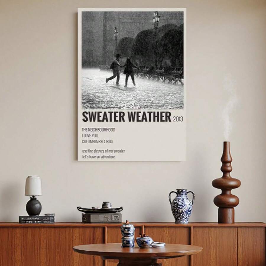 Enmarcado Póster en lienzo de escena urbana lluviosa de la vecindad "Sweater Weather" plano 2D, 1 pieza, 12.0X18.0 pulgadas, monocromático con una silueta de pareja romántica, decoración de paisaje urbano de calidad para sala de estar, dormitorio - Enmarcado - Ver 1