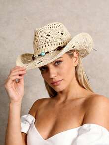 1pc Unisex Spring Summer All Season Solid Color Hollow Out Handmade Woven Straw Panama Hat, Fashionable Beaded Hat Chain Decor Western Cowboy Hat, Vintage Personalized British Style, Straw Hat, Summer Outdoor Breathable Comfortable Sun Hat, Travel Vacation Beach Hat, Daily Outing - Straw Hat - View 5