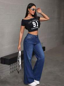 Straight-Leg Jeans In Dark Blue Washed Denim With A Stretchy, Butt-Lifting Effect. - Blue - View 6