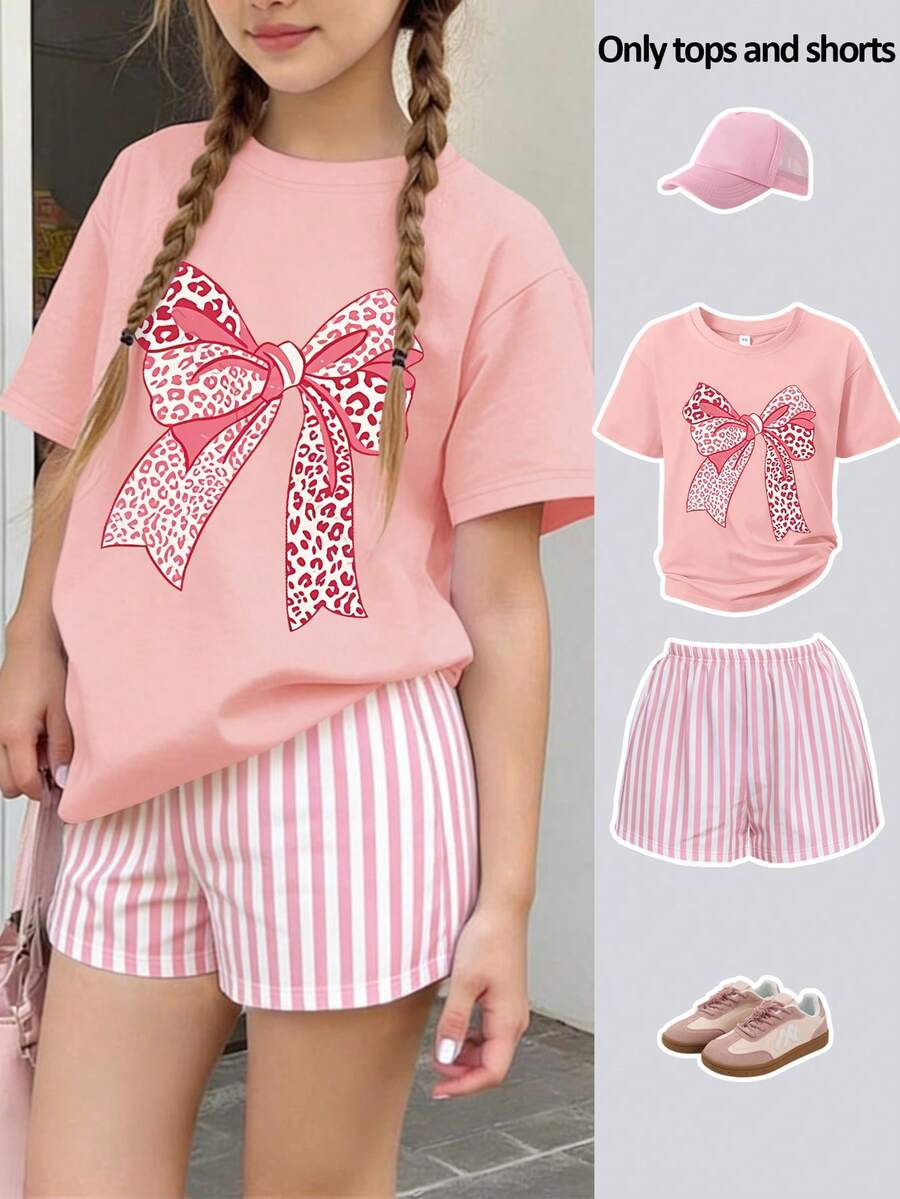 Bộ 2 món thời trang ngọt ngào dành cho nữ tuổi teen, áo thun dáng rộng in họa tiết da báo thắt nơ phối cùng quần short kẻ sọc, trang phục thường ngày dễ thương cho mùa hè đi học/đi chơi. - Hồng - Xem 1