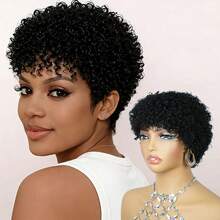 200% 密度非洲卷发短假发，带刘海，肤色，无胶玫瑰网帽，适合日常佩戴、节日、母亲节、狂欢节、圣诞节和新年（机器制造） - Natural Black - 查看 13