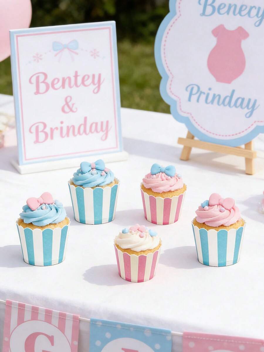 50pcs Rigid Cups, Cupcake Liners, Baking Cups, Striped Pink & Blue, Suitable For Birthday Party, Gender Reveal Party, Gift Party - Multicolor - View 1