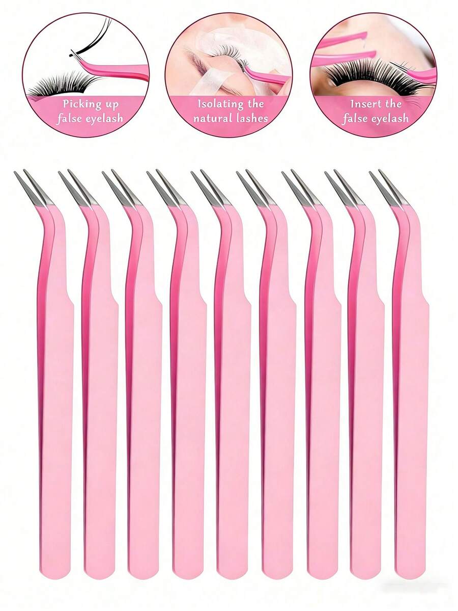 10pcs/Set Professional Stainless Steel Eyelash Curler, Durable & Reusable, Includes Pointed & Curved Design, Easy To Operate, Ideal For Beginners. Eyelash Curler, Pointed & Curved Design, Pink & Black Stainless Steel Nail Clippers, Golden Feather Clip, Eyelash Extension Tweezers - Multicolor - View 1