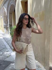 Women's Crochet Knit Sleeveless Crew Neck Top, Unique Hollow-Out Design, Medium Stretch, Regular Fit Tank Top Summer - Khaki - View 1