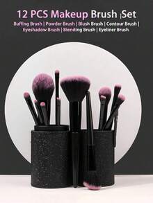 12件套专业化妆刷套装，柔软刷毛，包含高光刷、遮瑕刷、散粉刷、粉底刷和眼影刷，配有几何网格收纳盒，便携式化妆刷套装，带防尘盖 - 彩色 - 查看 1