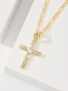 14K Gold Plated Copper Heart & Cross Zirconia Necklace For Women, Long-Lasting Color Resistant To Oxidation And Fading. Exquisitely Set Zirconia Stones. Heart And Cross Combination Symbolizes Being Loved And Protected, Peace And Joy. Perfect As A Gift For Mother's Day, Birthday, Valentine's Day, Religious Anniversary For Female Friends And Family, Blending Religious Meaning And Romance With A Sense Of Ritual. - Yellow Gold - View 5