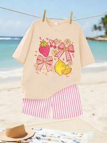2pcs/Set Girls Cute Outfit, Strawberry Lemon Cherry Daisy And Bow Print T-Shirt With Vertical Striped Shorts, Summer Party Fashion Fun Pattern Clothing - Apricot - View 2