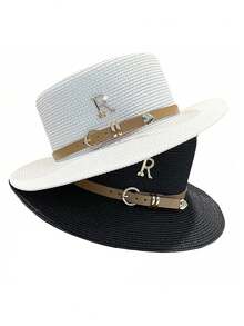 Sombrero de paja para mujer para viajes de verano, playa, cinturón de cuero con letra R de rhinestone, sombrero de sol plano de estilo británico retro, protección UV - Blanco - Ver 4