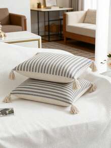 1pc/2pcs Black & White Striped Pillow Cover, Bohemian Jacquard Canvas Fabric With Tassels, Nordic Ins Daily Bedroom Living Room Sofa Decor, Outdoor Garden Patio Lounge Chair Cushion Cover, Seasonal Holiday Party Home Decor, 30*50cm 45*45cm (Without Insert) - Black and White Stripes - View 8