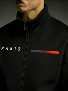 Men's Paris Print Tracksuit Set 2 Piece Casual Zip Up Jacket And Jogger Pants Streetwear - 黑色 - 查看 2