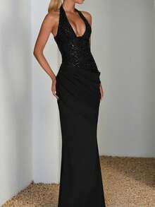 1pc Women's Solid Color Plunging Neck Backless Party Evening Dress, Sexy Bodycon Gown - Black - View 2