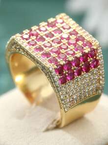 Klassisches Design Vintage Synthetischer Roter Edelstein Ring, Luxuriöser Hochwertig Goldener Verlobungsring, Hochzeitsschmuck Geschenk - Gold - Übersicht 9