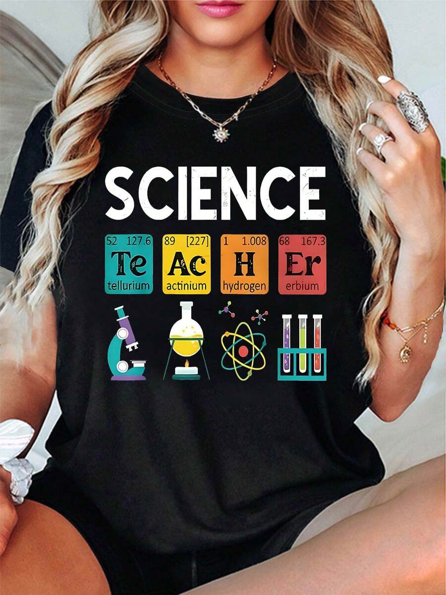 Women'S Science Teacher Appreciation T-Shirt - Casual Round Neck Tee With Periodic Table Of Elements & Chemistry Symbols, Black With Colorful Print, Perfect For Spring/Summer, Teacher Appreciation Gifts - 彩色 - 查看 1