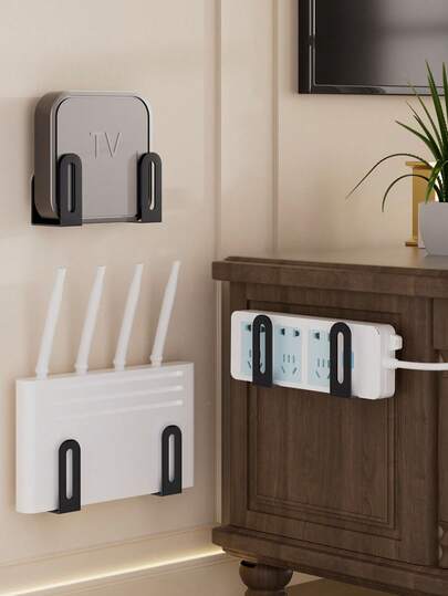 2/4 piezas Soporte multifuncional de acero al carbono montado en la pared para regletas de enchufes, enrutadores, cajas de TV, instalación adhesiva sin taladro, resistente a cargas pesadas, resistente a la oxidación y al agua, perfecto para espacios pequeños, dormitorios, alquileres, elimina el desorden y asegura los dispositivos