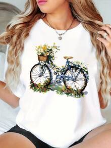 Women's Plus-Size Clothing, Short-Sleeved T-Shirt With Chrysanthemum Bicycle Print. - 白色 - 查看 4