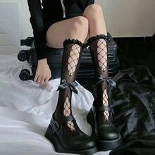 1pc Lolita Ruffle Bow Knee High Socks, White Fishnet Diamond Pattern, Cute Kawaii Calf Socks For Women - 白色的 - 查看 2