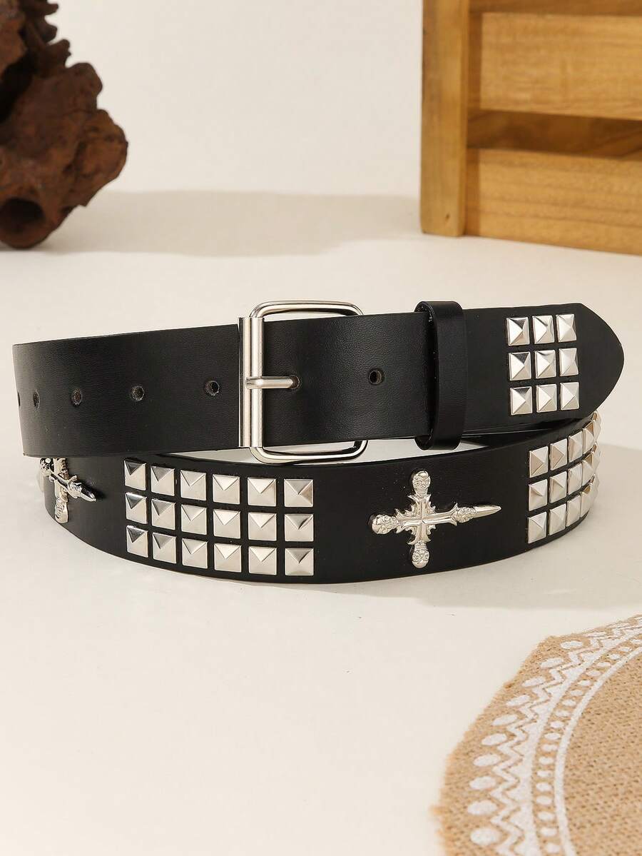 This Men's Solid Color Punk-Style Cross Waist Belt Is Decorated With Rhinestones And Sequins, With A Rock Style, Suitable For Both Men And Women, Suitable For Casual Summer Wear, Outdoor Activities Or Vacation Travel For Teenagers. It Can Also Be Used As A Halloween Gift, Graduation Gift, Birthday Accessory Or Daily Wear. - A - View 1