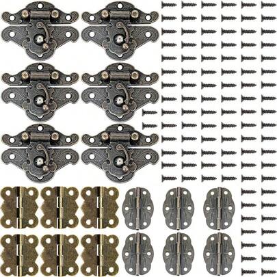 6个复古小盒子铰链和3套仿古右钩搭扣，木制首饰盒搭扣，橱柜盒装饰