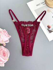 Ladies' Name/Text Personalized Rhinestone Lace Thong - Low Waist See Through G-Pants With Crystal Letters, Lingerie Gift For Wife/Girlfriend (Anniversary, Valentine's Day, Birthday) - Hand Wash Only - Burgundy - View 4