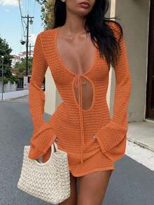 Women's New Hollow Out Sexy Beach Vacation Casual Daily Dress, Flared Sleeve Short Knit Sweater Dress, Spring/Summer/Autumn White - Màu Cam san hô - Xem 13