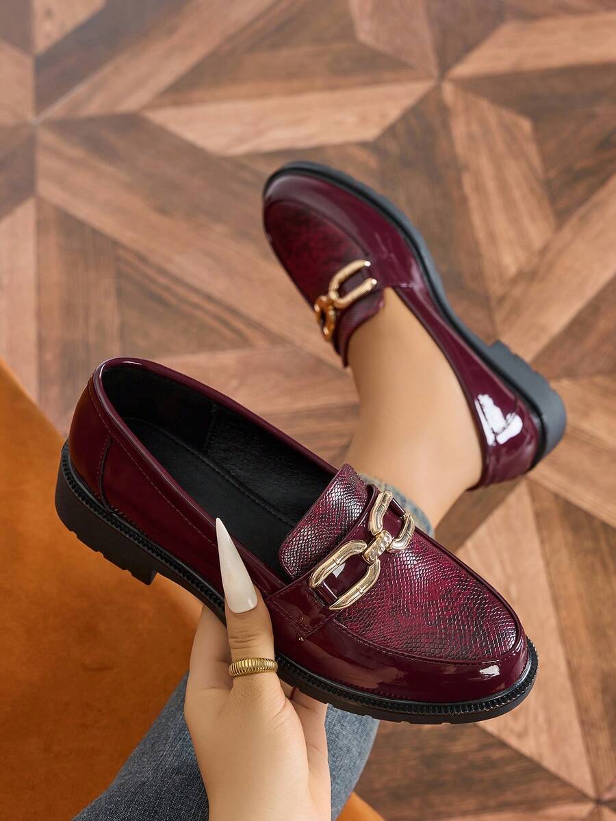 Collegiate Style Platform Loafers, Women's Burgundy Small Leather Shoes, Retro British Style Round Toe Slip-On Flat Shoes, Suitable For School, Work, Daily Wear In Spring And Autumn - Burgundy - View 1