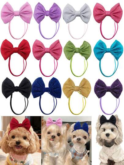 3pcs/Set Random Color Shiny Fabric Bow Pet Headband, Adjustable Bow Hair Accessories, Cat Dog Costume Supplies, Festival Decorations, Soft & Skin-Friendly, Decorative Photography Essentials