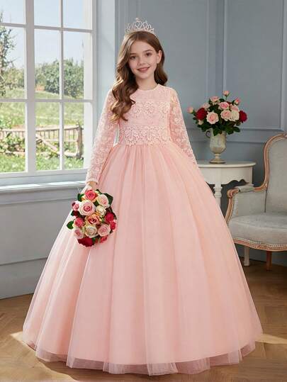 少女长款纯色蕾丝边刺绣网纱优雅钢琴演奏礼服，适合正式场合、毕业舞会、生日派对、婚礼等 - 不含头饰