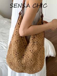 Túi rơm chần bông màu kaki với họa tiết hình thoi, kiểu túi đeo chéo hoặc đeo vai miệng mở, hoàn hảo cho các kỳ nghỉ và chuyến đi biển. - Màu Khaki - Xem 5