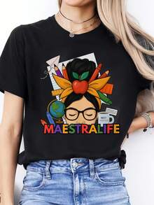 Women's Spanish Alphabet - Print T-Shirt - Spanish Language Learning, Casual Short Sleeve Round Neck Blouse For Spanish Class & Casual Attire - 黑色 - 查看 1