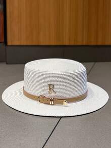 Sombrero de paja para mujer para viajes de verano, playa, cinturón de cuero con letra R de rhinestone, sombrero de sol plano de estilo británico retro, protección UV - Blanco - Ver 16
