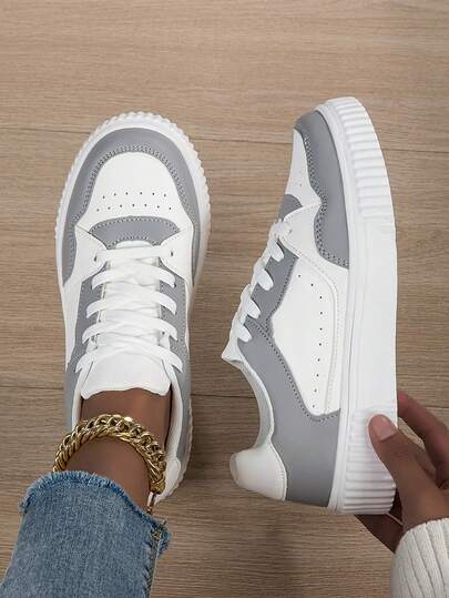 Women's White & Gray Block Patchwork Platform Sneakers, Retro Cookie Sole Lace-Up Chunky Heel Casual Shoes, Anti-Slip Thick Sole Breathable Walking Shoes, Suitable For Daily Street Style And Commuting