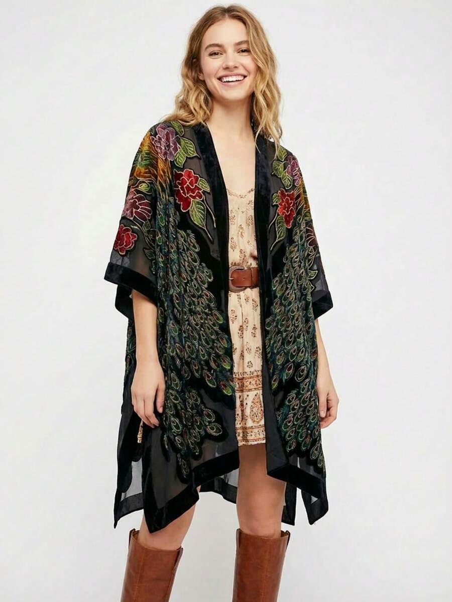 Mother's Day Gift Burnout Velvet Kimono Long Cardigan Cover Up Casual Outfit Dark Green-Peacock - Họa tiết chim công - Xem 1
