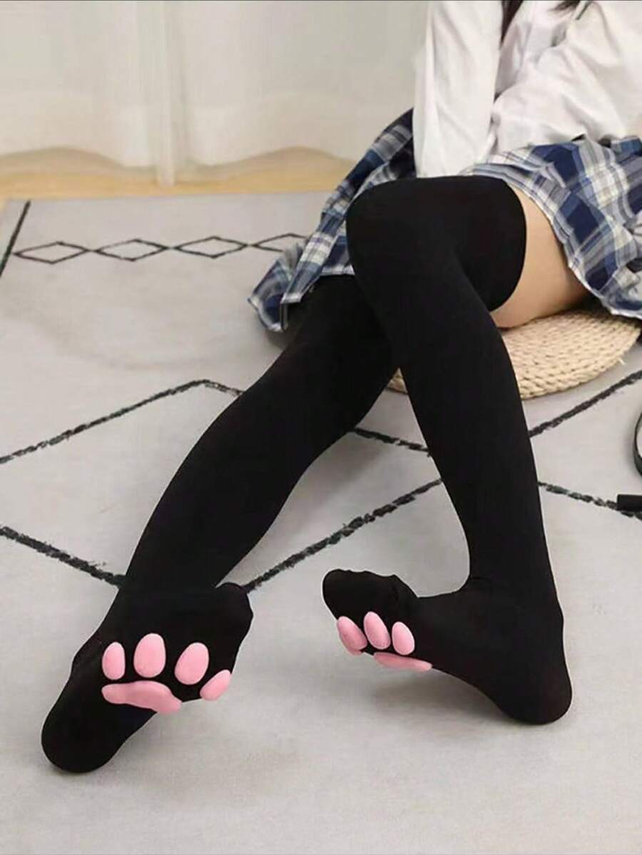 Vớ dài đến đùi cho nữ, vớ Harajuku, vớ dài nội y họa tiết móng vuốt mèo 3D, vớ dài đến đùi, vớ nén gợi cảm. - màu đen - Xem 1