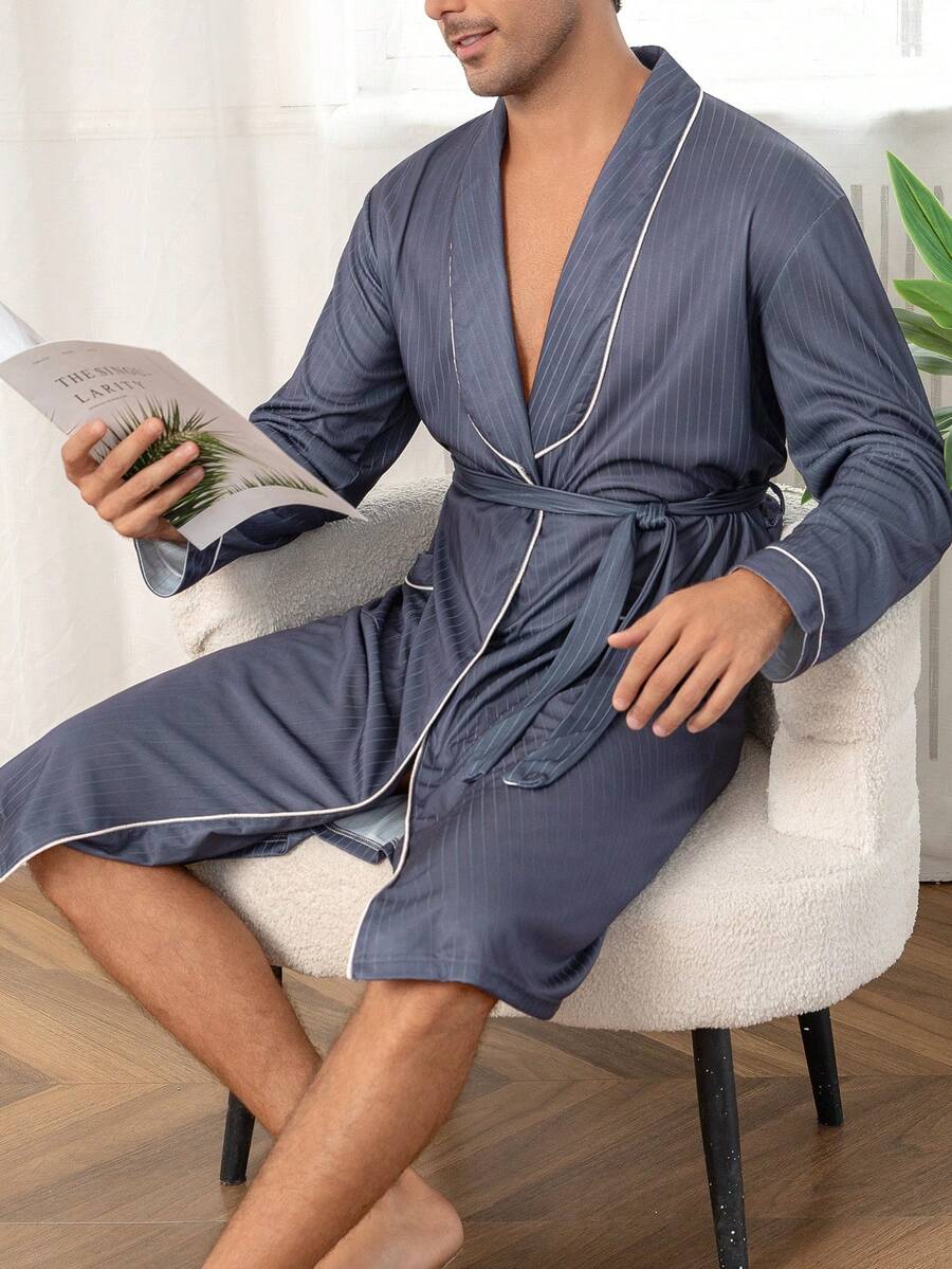 Men's Casual Comfortable Striped Fabric Solid Color Printed Robe With Belt, Contrast Trim Collar Design Long Sleeve Sleepwear - Multicolor - View 1