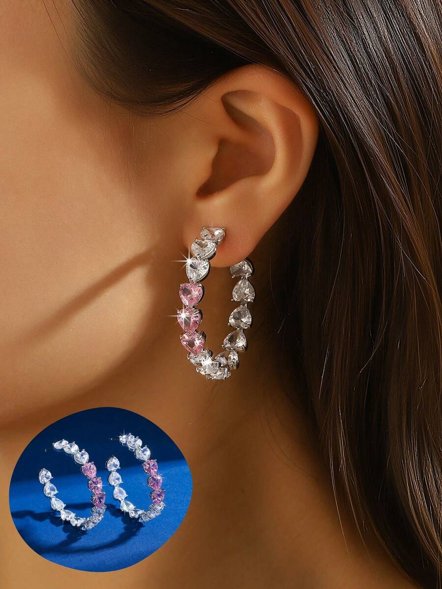 1 par de elegantes y lujosos pendientes de aro en forma de corazón con circonita cúbica brillante, adecuados para uso diario, temporada de bodas, Día de San Valentín, Día de la Madre, Día del Maestro, regalos del Día de Acción de Gracias - Multicolor - Ver 1