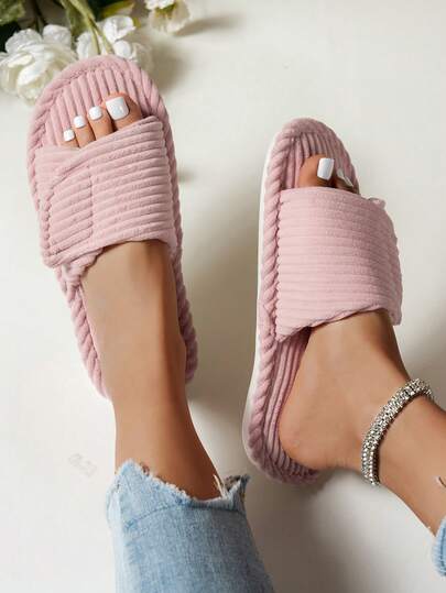 女士绑带魔术贴平底防滑耐磨纯色露趾低跟毛绒人造毛皮拖鞋，舒适家居服