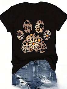Floral Leopard Dog Paw Pattern Printed Women's Casual Funny Round Neck Sports Short Sleeve T-Shirt - Black - View 1