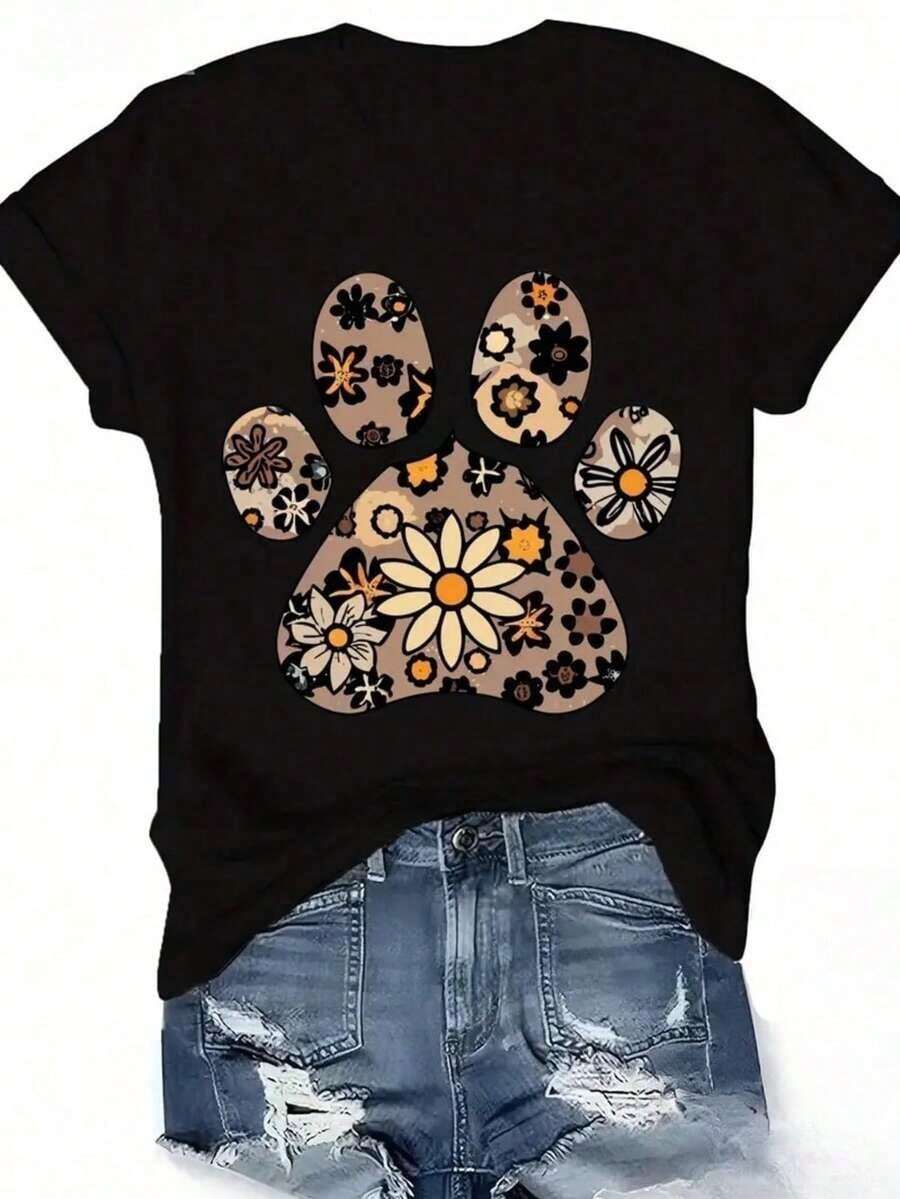 Floral Leopard Dog Paw Pattern Printed Women's Casual Funny Round Neck Sports Short Sleeve T-Shirt - Black - View 1