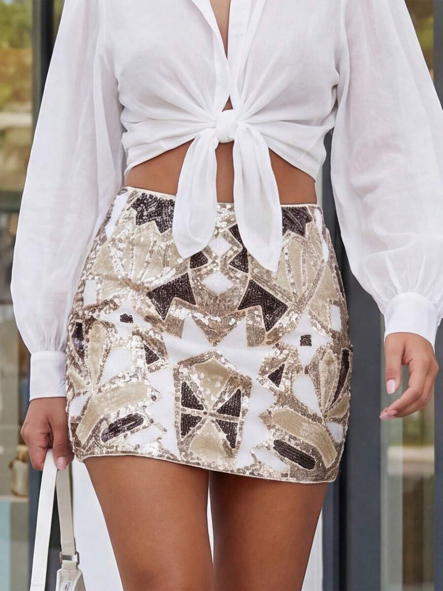 Minifalda de lentejuelas de verano para mujer, estilo casual, elegante, con brillo, corte en A y talle medio. - Beis - Ver 1