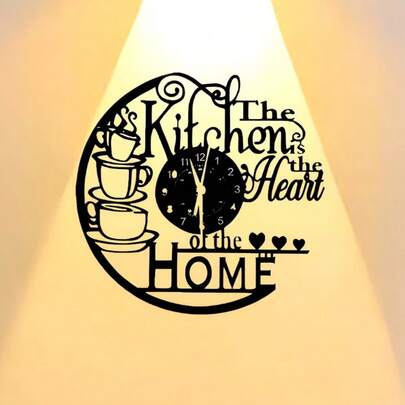 2D打印艺术装饰现代简约黑色挂钟，厨房咖啡图案装饰，静音扫秒钟