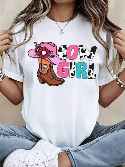 Cowgirl T-Shirt With Cowboy Hat And Boot Print For Western Theme Outfits,ropa de niña,conjuntos para niña,ropa de niña de 24 años,conjunto de niña,ropa vaquera de niña,blusas de niña