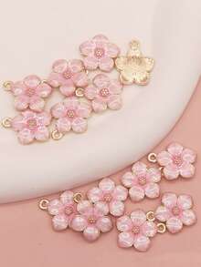 10 piezas/paquete Colgante pequeño con forma de flor de aleación de zinc con esmalte rosa, adecuado para hacer pendientes, collares y pulseras DIY - Rosa - Ver 1