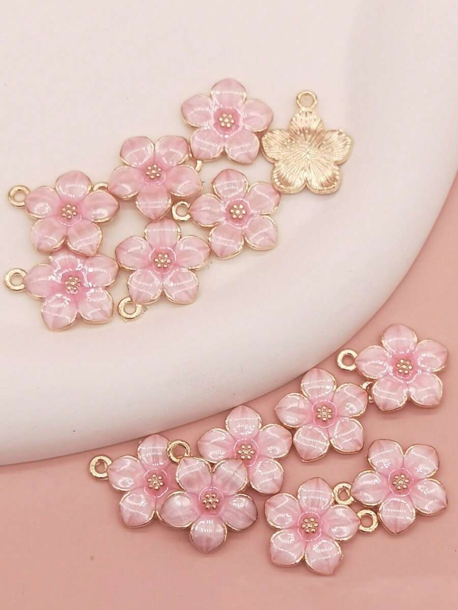 10 piezas/paquete Colgante pequeño con forma de flor de aleación de zinc con esmalte rosa, adecuado para hacer pendientes, collares y pulseras DIY - Rosa - Ver 1